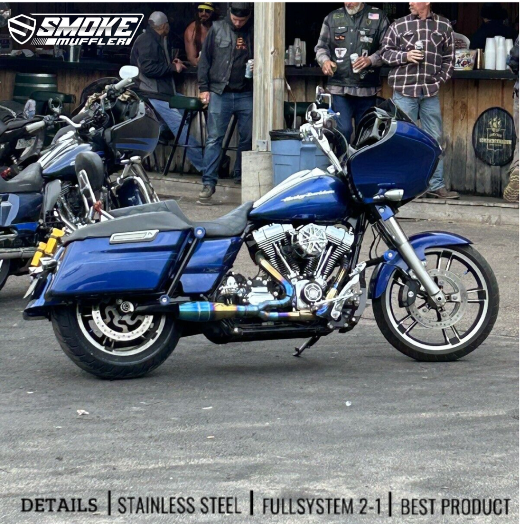 Harley Road Glide with a Bigshot Blue exhaust from Smoke Muffler