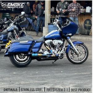 Harley Road Glide with a Bigshot Blue exhaust from Smoke Muffler
